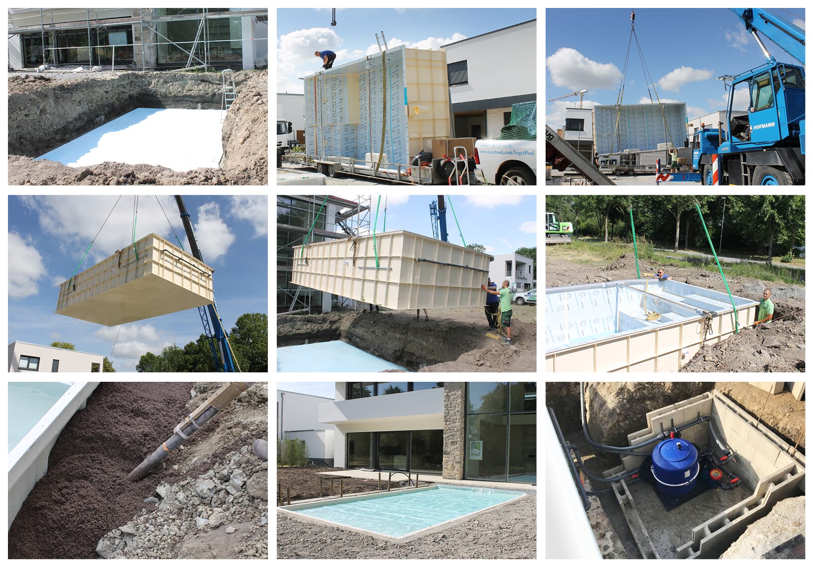 Eine gute Planung ist die Grundlage jedes Poolbaus. Egal, ob GFK-Pool oder – wie hier gezeigt – 
                          Polypropylen-Becken: Der Einbau erfolgt nach demselben Prinzip. Das Becken wird per Kran auf die 
                          Bodenplatte gesetzt, mit Beton hinterfüllt und anschließend mit der Pooltechnik sowie der 
                          Gartengestaltung ergänzt.